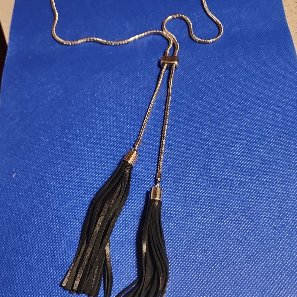 Silver Toned 24 Inch WHBM Necklace With Black Tassles